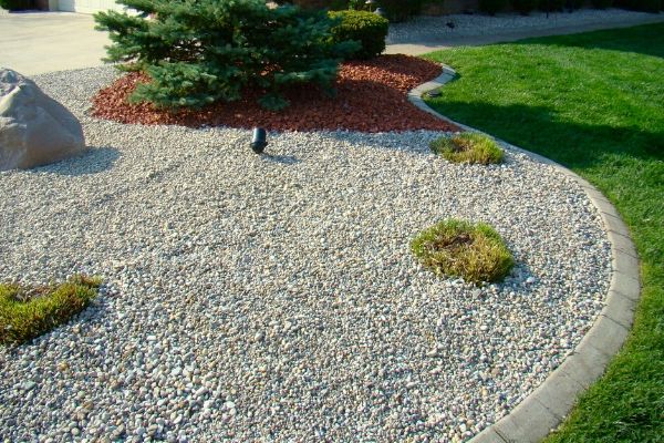 Small river rock and areas of red lava rock in a well maintained landscape bed.