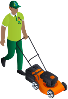 Cartoon man with lawn mower icon